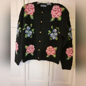 Liz Wear Women's Floral Black Button Up Sweater Size Small EUC